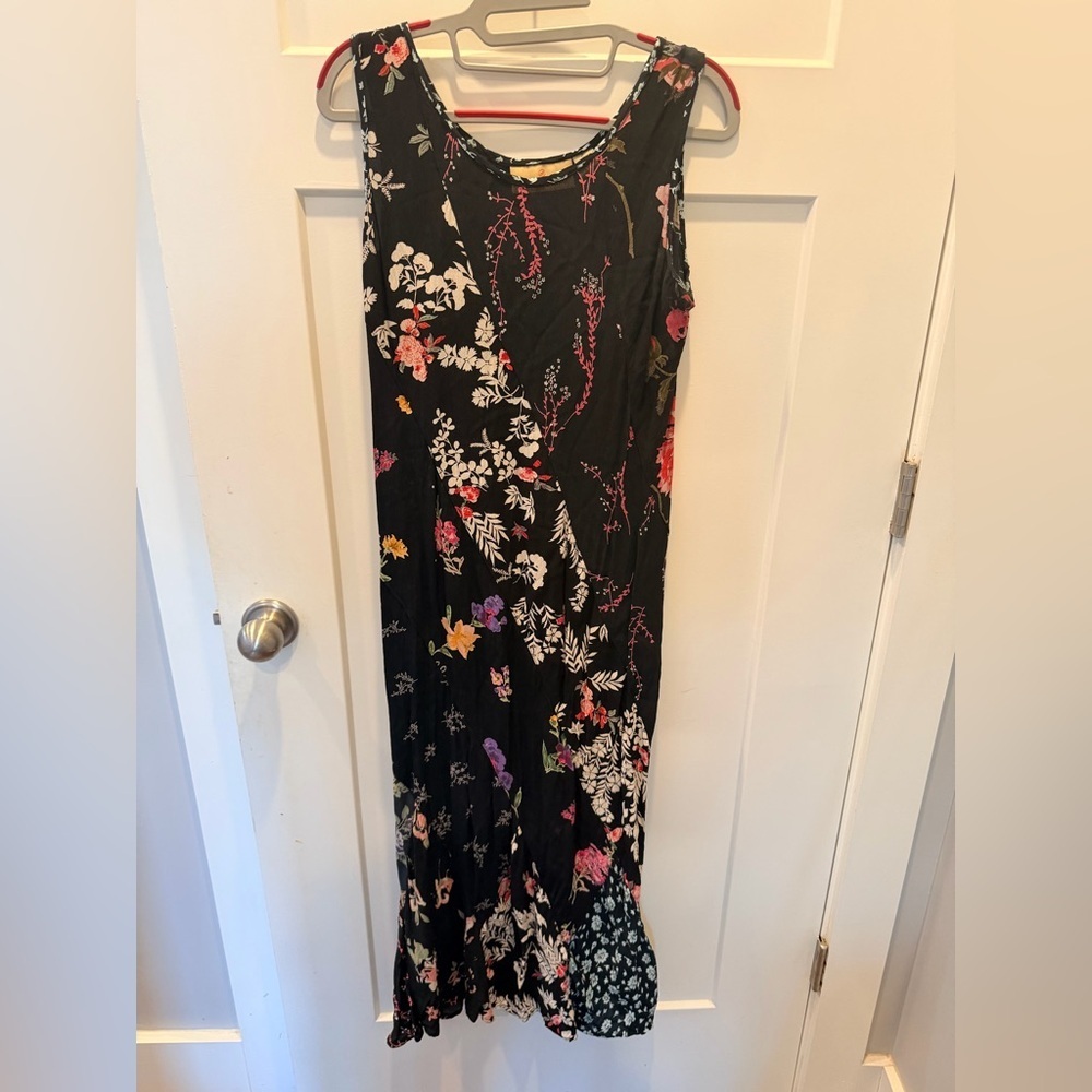 Sacred Threads Boho Floral Maxi Dress Black Rayon Sleeveless Size S
